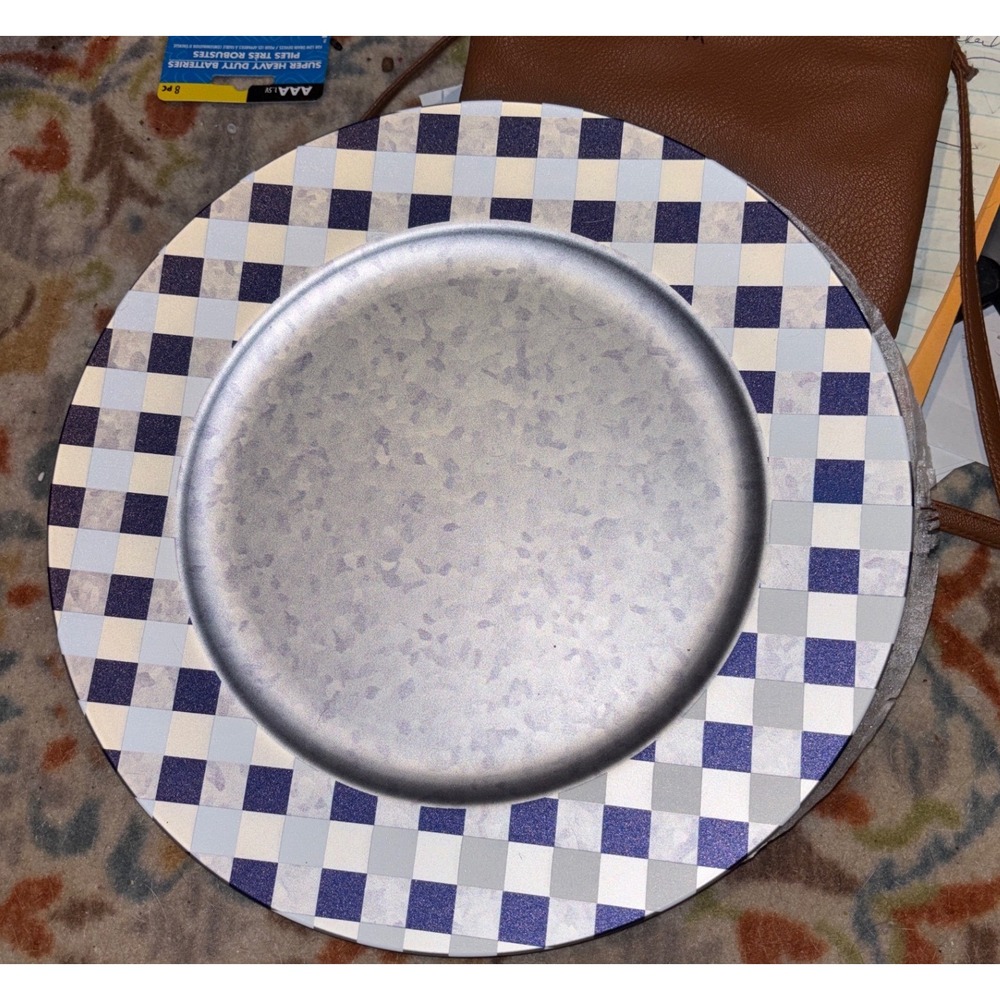 Greenbrier Blue White Checkered Charger Plate Silver Center 12 inch Decorative
